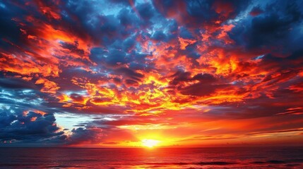 A sunset over the ocean with a bright orange sky, AI - obrazy, fototapety, plakaty