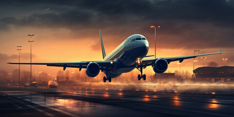 A large aircraft lands on a lighted runway at sunset. Travel concept.