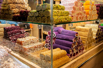 Traditional Turkish locum with nougat, nuts and fruits. Sweets and traditional oriental delights...