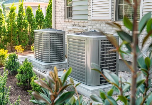 Heat pump units with an outdoor air circulation system in front of the house. An eco air source heat pump installed on the terrace of a residential building