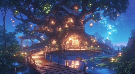 A whimsical treehouse nestled in the branches of an ancient oak, surrounded by twinkling fairy lights and vibrant colors.
