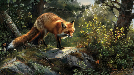 Obraz premium A realistic painting capturing a fox in its natural habitat, surrounded by lush green trees and foliage