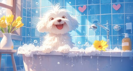 A white fluffy dog sits in a bathtub with blue tiles. Soap suds cover the top of him and surround the tub. The dog has a happy face with its smiling mouth open wide.  - obrazy, fototapety, plakaty