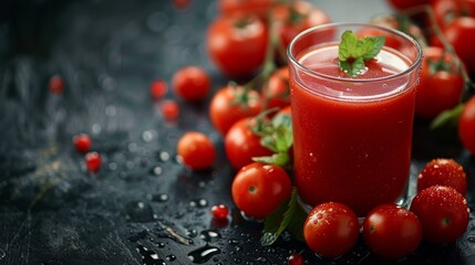 Glass of Tomato Juice Surrounded by Tomatoes