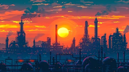 Industrial Silhouette Against a Vivid Sunset. Warm Sky Over Factory. Environmental Energy Concepts. Striking Contrast and Bold Colors in Landscape Scene. AI - obrazy, fototapety, plakaty