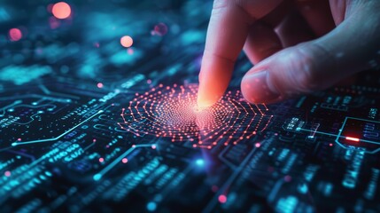 Finger Tapping on Glowing Artificial Intelligence Circuit Board