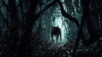 A creepy creature slowly walking through the eerie darkness of a dense forest. Its twisted form and unsettling presence create a chilling atmosphere - obrazy, fototapety, plakaty
