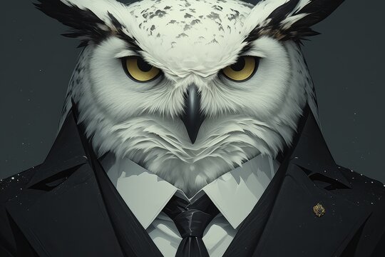 A white owl wearing a suit and tie on a dark grey background