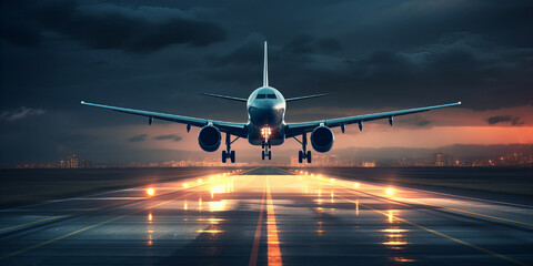 A large aircraft lands on a lighted runway at sunset. Travel concept.