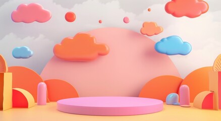 Colorful abstract cartoon landscape with floating clouds and geometric shapes
