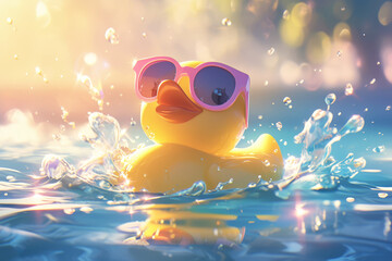 A yellow rubber duck with pink and purple sunglasses floating in the water of an outdoor swimming pool. 