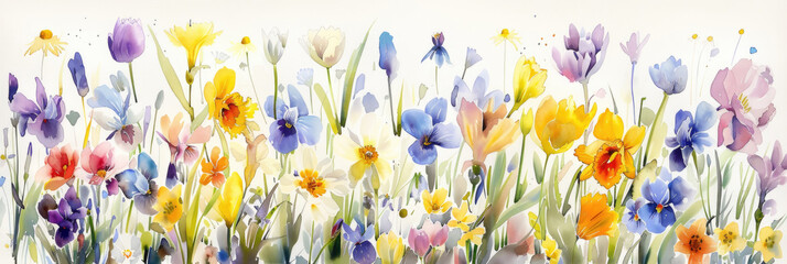 A vibrant painting depicting a field blooming with an array of colorful flowers in full bloom