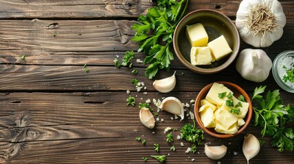 Butter cubes in bowl with herbs on wooden background - obrazy, fototapety, plakaty