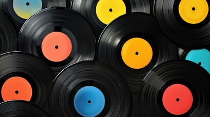 Collection of vinyl records with various colored labels