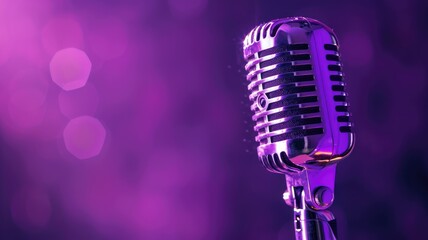 Fototapeta na wymiar Vintage microphone against purple bokeh background
