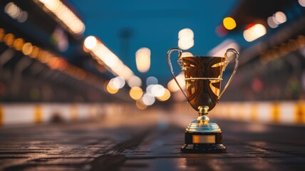 Trophy on blurred city street at night