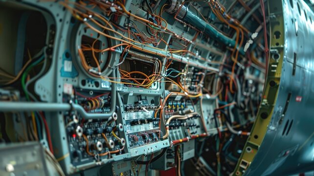 Intricate aircraft wiring and electronic components inside airplane fuselage