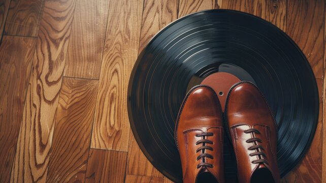 Brown dress shoes on vinyl record wooden floor