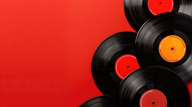 Vinyl records with red labels on background