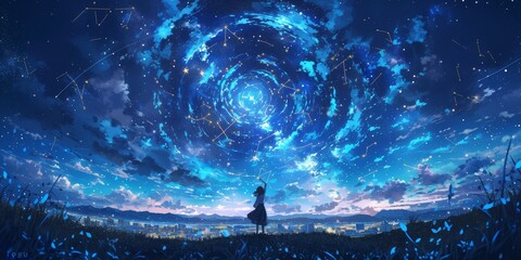 A young girl stands on the edge of an endless city, gazing up at stars and constellations in the night sky, surrounded by swirling clouds that form dreamlike shapes, creating a surreal atmosphere.