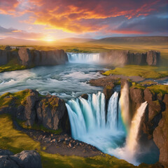 Majestic Waterfall in Lush Landscape at Sunset With Colorful Sky and Vibrant Colors