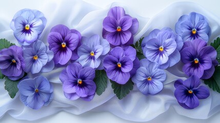   A cluster of violets  on a white fabric, surrounded by green foliage beneath their petals