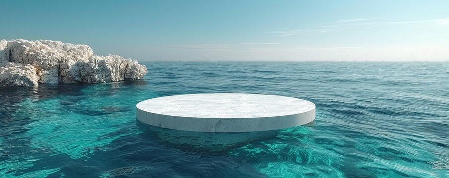 Minimalist design on tranquil ocean with white circular platform and natural rock formations