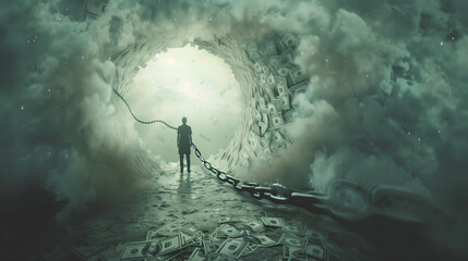 The currency conundrum. A man stands amidst a tunnel of money, symbolizing the financial crisis and debt slavery in modern society - obrazy, fototapety, plakaty