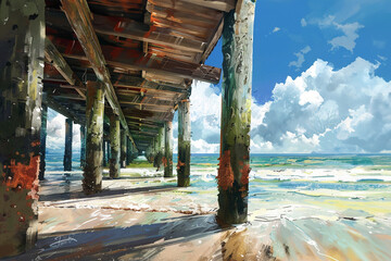 Oil painting of a beach backdrop