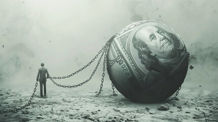 The burden of debt. A man stands next to a large ball with a chain, symbolizing the weight of debt and financial struggles in modern society - obrazy, fototapety, plakaty