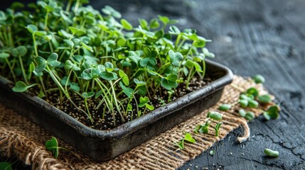 Fototapeta premium Planting Microgreens Tray of Arugula Seeds on Jute Mat