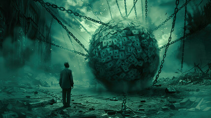 The debt beast. A man stands courageously in front of a giant ball symbolizing the weight of debt and financial crisis in modern society