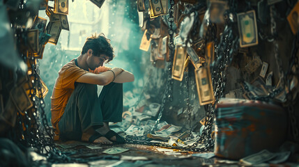 The disarrayed solitude. A man sits among heaps of clutter in a room, symbolizing the weight of financial crisis and debt slavery in modern society