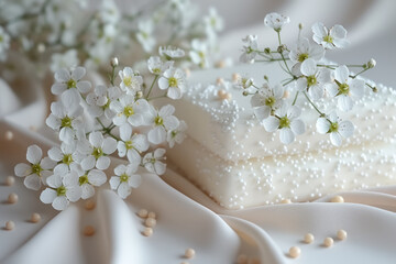 delicate white blossoms on elegant wedding cake with satin background
