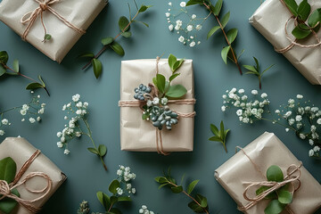 eco-friendly gift wrapping with natural decorations on a soft blue background