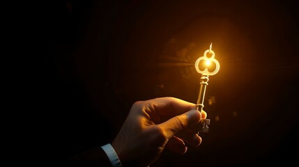 Illuminated Vintage Key in Darkness, Symbolizing Mystery, Solutions, and Discovery. A Hand Holding a Bright Key Against a Black Background. AI