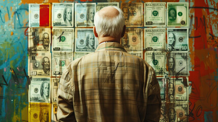 The wealth mirage. A man stands confidently in front of a towering wall of money, emphasizing the overwhelming presence of financial power and the pressures of debt facing modern society - obrazy, fototapety, plakaty