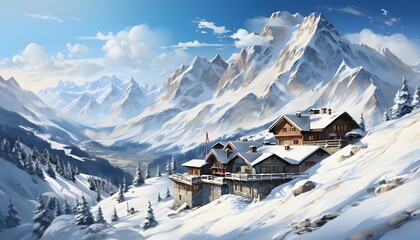 Winter panorama of the swiss alps with snow covered houses