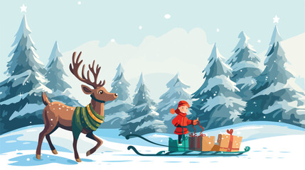 Christmas tree reindeer kid on slope vector. Evergr