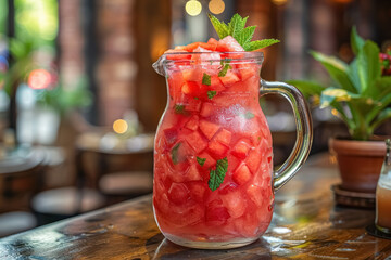 chilled watermelon cocktail with fresh mint in a clear pitcher on a wooden table - obrazy, fototapety, plakaty