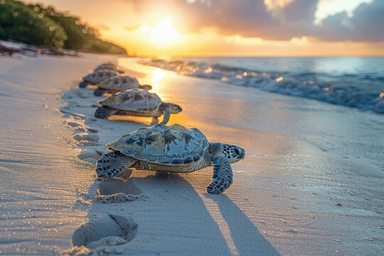 newborn sea turtles journey to the ocean at sunset