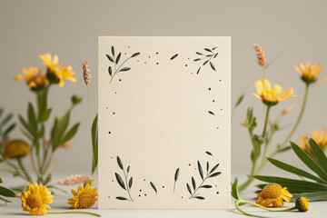 minimalist birthday card with botanical design and yellow flowers