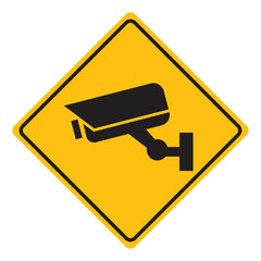 Security camera icon, video surveillance, cctv sign. Yellow symbol indicating camera operation. Warning monitoring, safety home protection system. Fixed CCTV, Security Camera Icon Vector.
