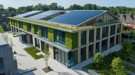 Modern building with green trees, plants and solar panels on it, innovative technologies and eco friendly concept