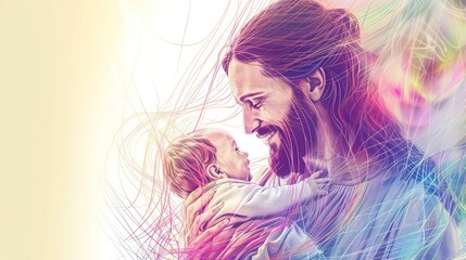 Hand drawn illustration of Jesus Christ holding a baby