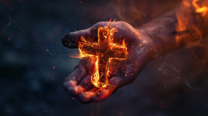 Hand holding a glowing fire cross shaped on dark background