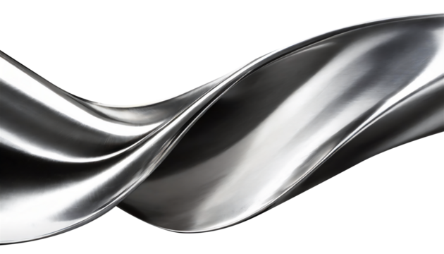 Abstract fluid metal bent form. Metallic shiny curved wave in motion. Cut out design element steel texture effect.