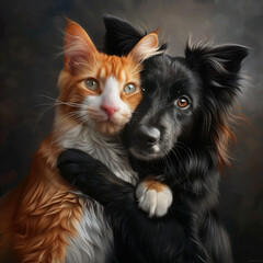 Obraz premium Cat and dog hug each other