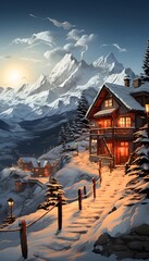 Winter mountain panorama with a wooden house in the middle of the forest