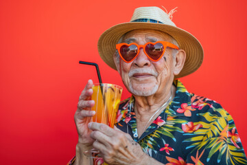 joyful elderly man in heart shaped sunglasses holding tropical drink against red background